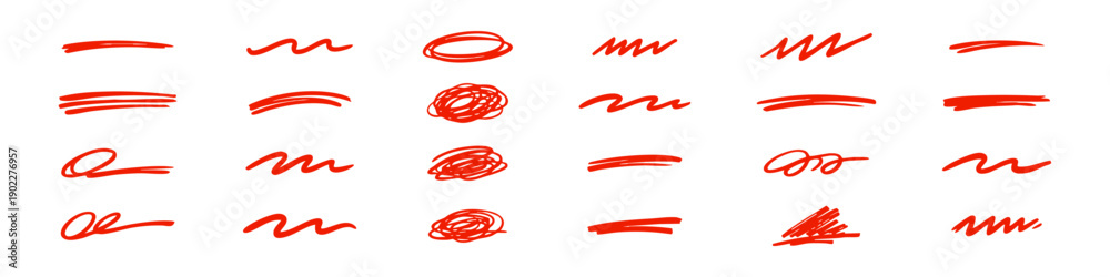 Obraz premium Set of hand-drawn vector underlines, scribbles, circles, and wavy strokes in black, blue, green, and red colors isolated on white background.