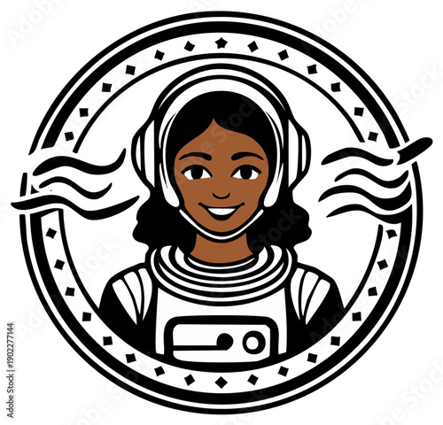 Illustration of a smiling woman astronaut in a circular design.