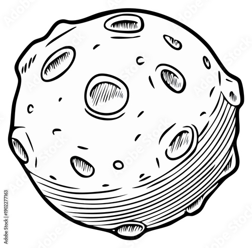 Illustrated asteroid or planet with craters and lines, scientific space or galaxy theme