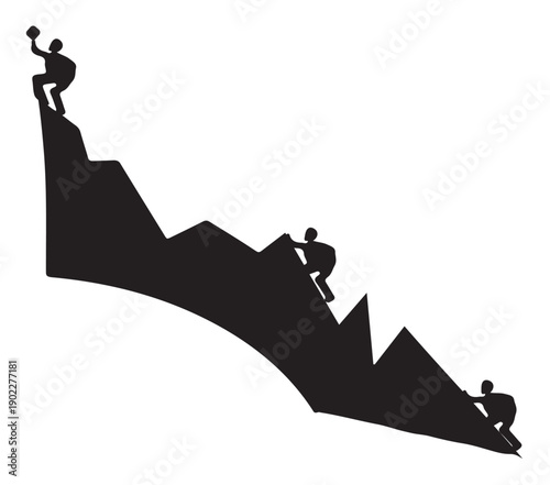 Man mountain climbers silhouette. Boy standing with raised hands in mountains vector illustration.