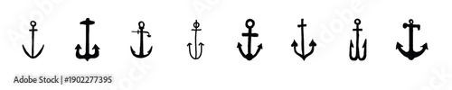 Anchor icon set. Black and outline nautical anchors on white. Ship anchor vector symbol representing stability marine power navigation hope and nautical maritime design vector illustration.