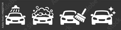 Set of car wash icons on a dark background showing water, foam, brushing, and a shiny clean finish. Perfect for automotive service branding.