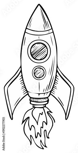 Retro rocket ship launching into space with flames hand drawn illustration