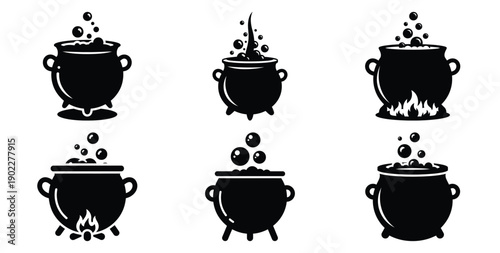 Set of halloween witch cauldron bubbling silhouettes black icon Vector illustration and isolated on white background.