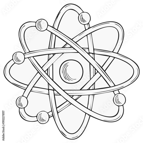 Atom Model Black and White Line Art Drawing. Symbolic representation of Science.