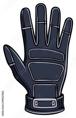 Black motorcycle glove illustration with protective padding and wrist strap