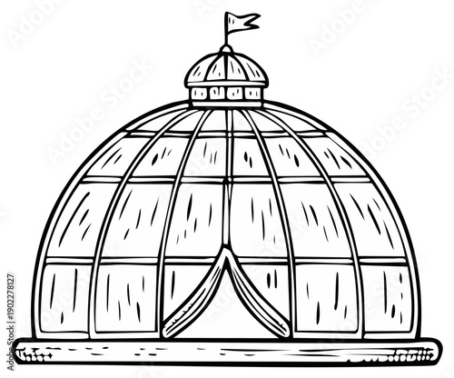 Hand drawn vector illustration of a classic botanical garden conservatory glass dome