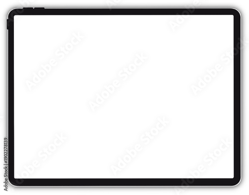 Modern tablet screen mockup with black bezel. Blank display device frame. PNG illustration 