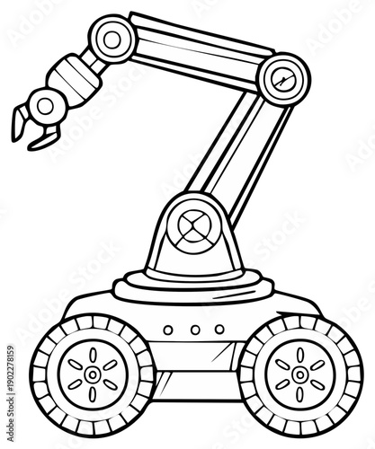 Wheeled Robot with Articulated Claw Arm Coloring Book Page Illustration