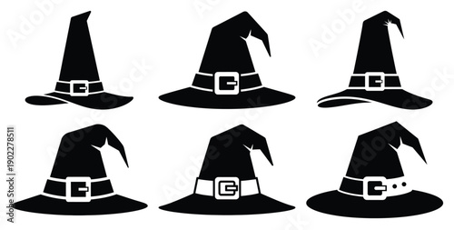 Set of halloween witch hat with buckle silhouettes black icon Vector illustration and isolated on white background.