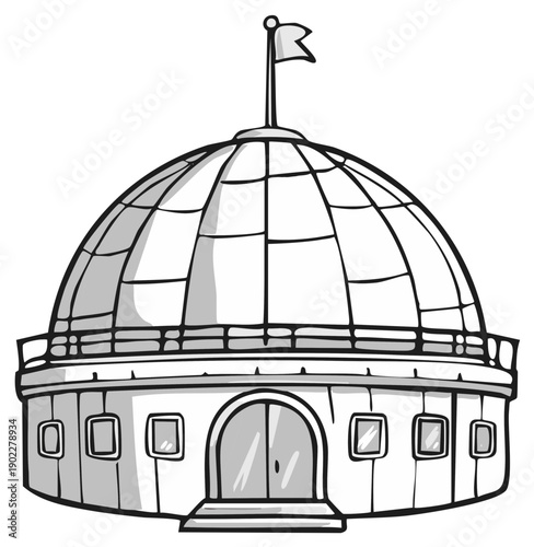 Dome Building with Flag Black and White Cartoon Style Architecture Exterior Illustration