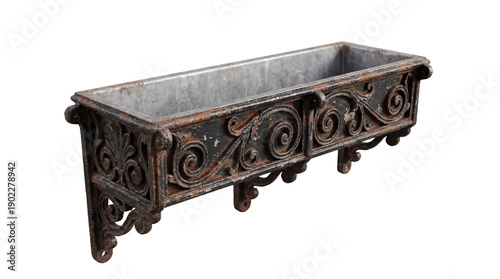 Ornate cast iron window box planter on transparent background