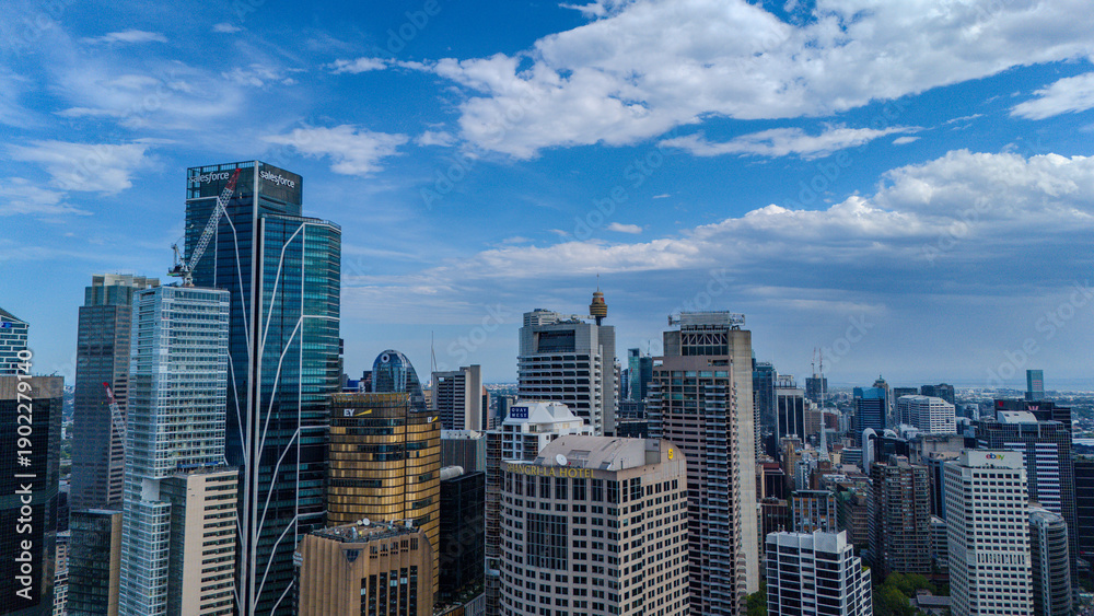 Fototapeta premium 5 February 2026 Aerial View of of Sydney CBD High rise on Sydney Harbour Circular Quay on a nice Summer day beautiful Sky in Sydney NSW Australia