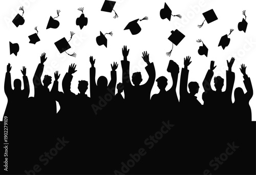 Graduates celebrating success throwing caps in air, education achievement ceremony, university completion milestone, silhouette crowd flat vector illustration