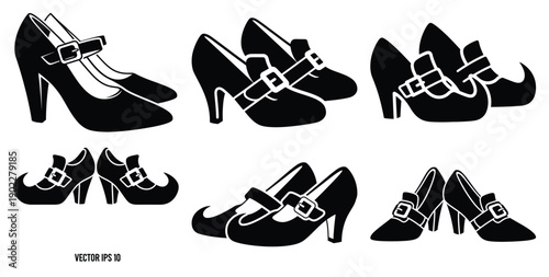 Set of halloween witch shoes pair silhouettes black icon Vector illustration and isolated on white background.