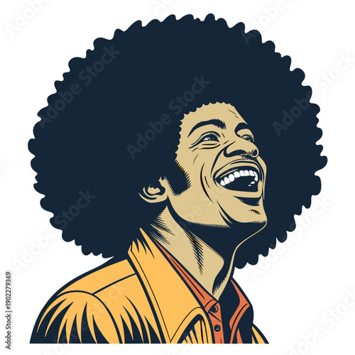 Man smiling with an afro hairstyle wearing a yellow jacket  