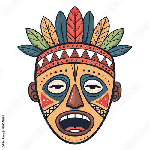 Tribal mask illustration with colorful feathers and facial patterns  
