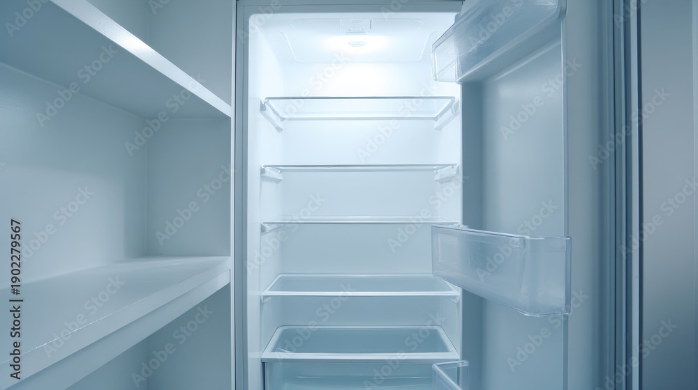 Fototapeta premium Empty refrigerator in kitchen with open door showing clean interior shelves and storage space, household appliance detail, food organization concept, minimal domestic lifestyle home utility background