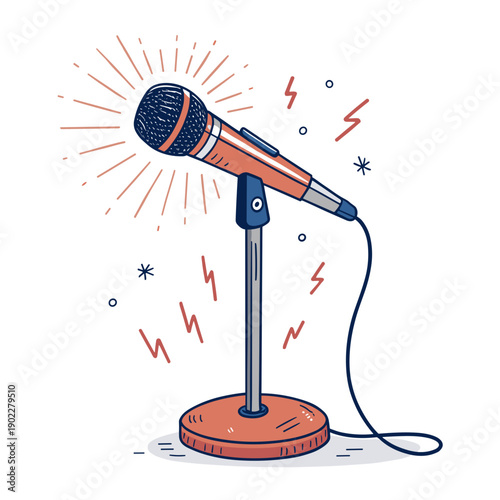 Microphone standing on a base with sound waves and spark effects  