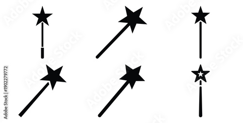 Set of halloween witch wand star tip silhouettes black icon Vector illustration and isolated on white background.