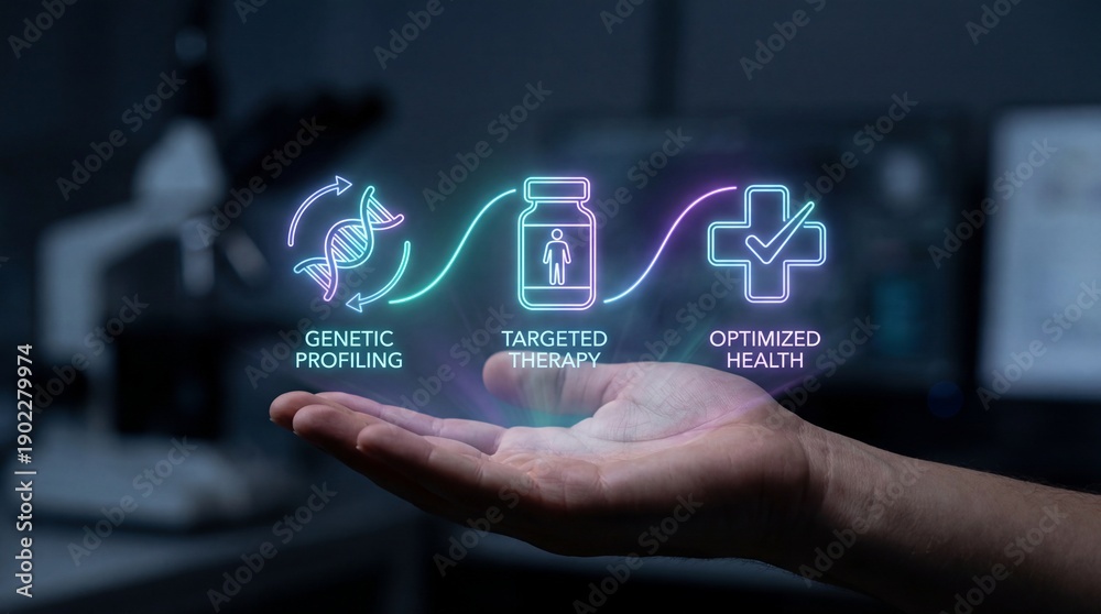 Fototapeta premium Hand holding glowing icons for genetic profiling and targeted therapy