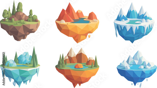 Fantasy floating islands illustration, diverse terrain artwork, forest desert icy biomes, tundra mixed environment design, imaginative landscape concept, digital art, stock image