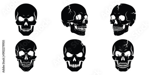 Set of halloween zombie skull silhouettes black icon Vector illustration and isolated on white background.