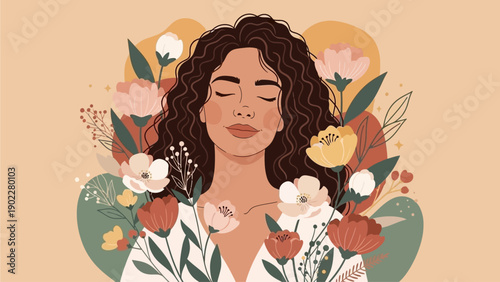 Woman with flowers in her hair on gentle pastel beige pink background. Happy Women's Day. Happy Mother's Day. Vector horizontal holiday banner with place for text. Feminism concept, women empowerment
