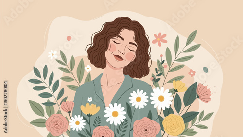 Woman with flowers in her hair on gentle pastel beige pink background. Happy Women's Day. Happy Mother's Day. Vector horizontal holiday banner with place for text. Feminism concept, women empowerment