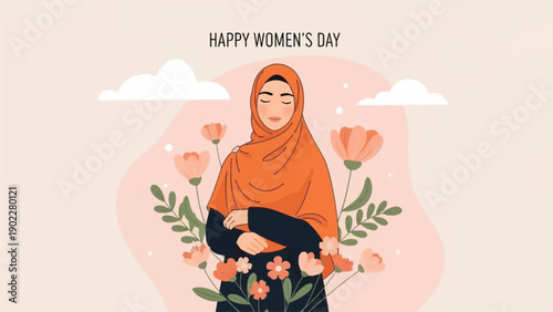 hijab. Happy Women's Day. Muslim woman in flowers on soft pastel pink background. Happy Mother's Day. Vector horizontal banner with place for text. Feminism concept, women empowerment, gender equality