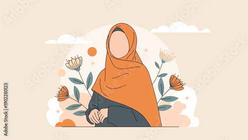 hijab. Happy Women's Day. Muslim woman in flowers on soft pastel pink background. Happy Mother's Day. Vector horizontal banner with place for text. Feminism concept, women empowerment, gender equality