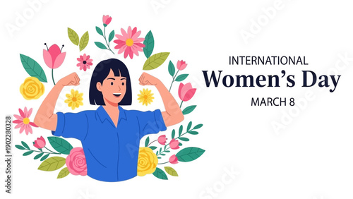 Vector spring holiday banner March 8, girl in flowers with text International Women's Day. Feminism concept, women empowerment, gender equality