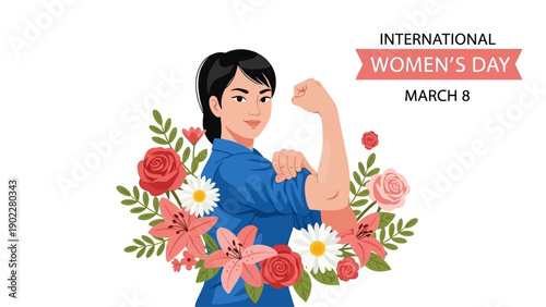 Vector spring holiday banner March 8, girl in flowers with text International Women's Day. Feminism concept, women empowerment, gender equality