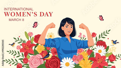 Vector spring holiday banner March 8, girl in flowers with text International Women's Day. Feminism concept, women empowerment, gender equality