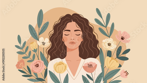 Woman with flowers in her hair on gentle pastel beige pink background. Happy Women's Day. Happy Mother's Day. Vector horizontal holiday banner with place for text. Feminism concept, women empowerment