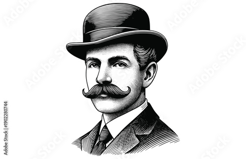 Vintage Engraving Woodcut Illustration of Victorian Gentleman with Mustache Wearing a Bowler Hat