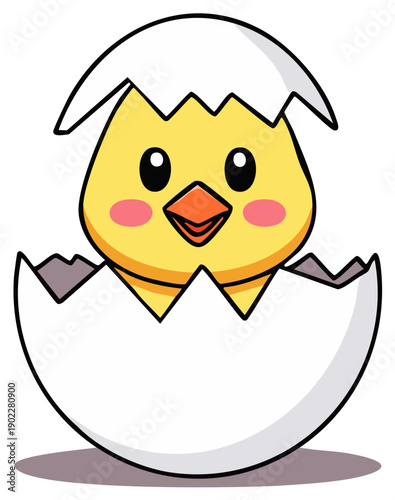 Cute cartoon baby chick hatching from a cracked eggshell illustration