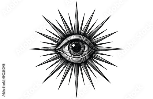 Vintage Engraving Woodcut Illustration of Mystic All-Seeing Eye of Providence in Radiant Sunburst