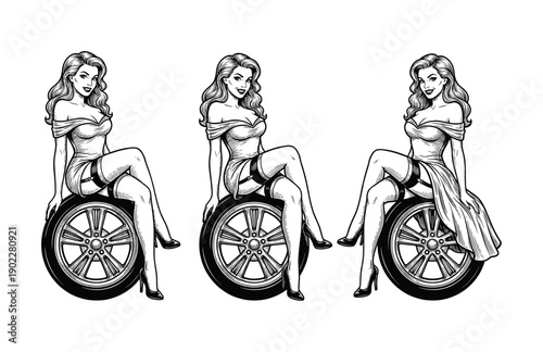 Vintage Engraving Woodcut Illustration of Retro Pin-up Woman Sitting on Car Tire Vintage Garage Linocut