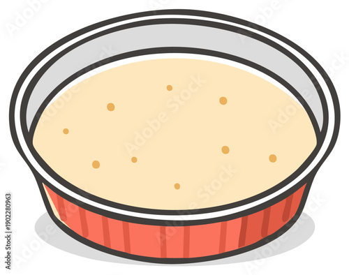 Illustration of custard pie in a red baking dish, with small brown specks on top, for advertising and menu purposes.