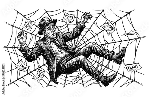 Vintage Engraving Woodcut Illustration of Businessman Trapped in a Web of Complex Plans