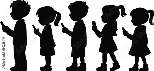 Children using smartphones standing in line, digital addiction concept, modern technology impact on kids, silhouette flat vector illustration