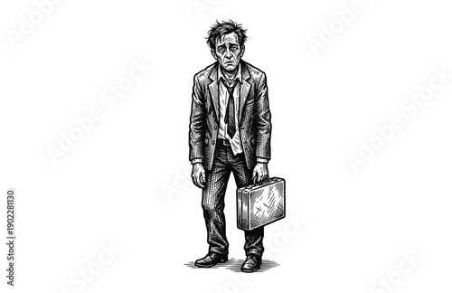 Vintage Engraving Woodcut Illustration of Exhausted Businessman with Briefcase - Mental Health and Work Fatigue Concept