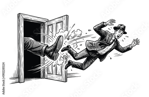 Vintage Engraving Woodcut Illustration of Man Being Kicked Out of Door