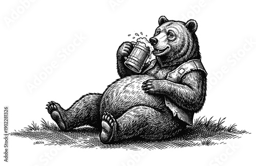 Vintage Engraving Woodcut Illustration of a Bear in a Vest Sitting and Drinking a Beer