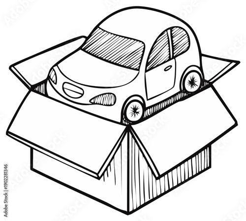 Small cartoon car inside open delivery box line art illustration transport concept