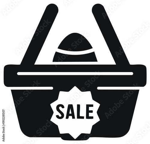 Shopping basket icon with an egg and SALE label.  Retail sales promotion