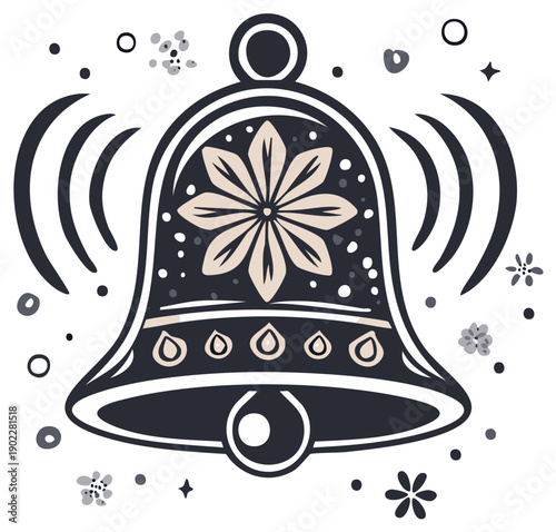 Stylized bell illustration with floral design, ringing with sound waves.