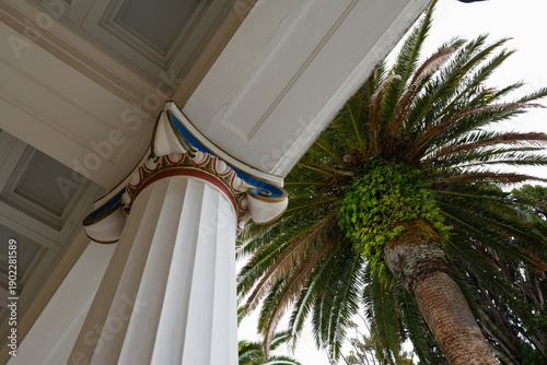 A low-angle view of a column  in Achilleion palace in Corfu Island, Greece, built by Empress of Austria Elisabeth of Bavaria, also known as Sisi.