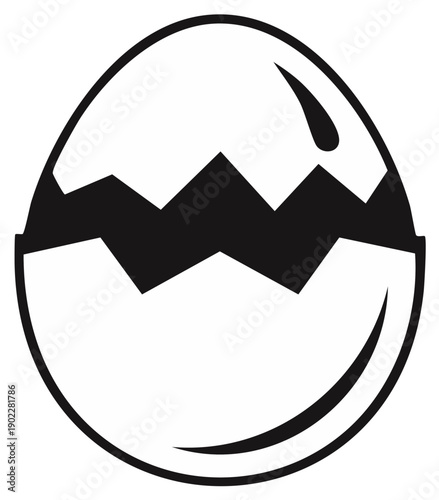 Black and white illustration of an egg hatching with a jagged crack
